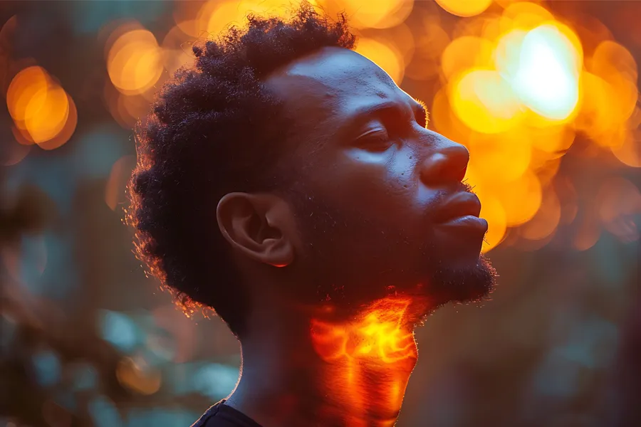 Hyperthyroidism-Clinic A man looks up with an illustration of an inflamed thyroid overlayed. Schedule hyperthyroidism treatment from Healthy Aging Medical Centers of New Jersey in Northern New Jersey.