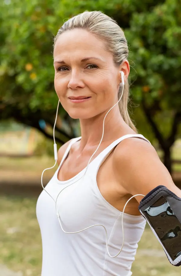 Insulin-Resistance-Treaatment A fit middle aged woman wearing earphones and a tank top smiles after a run. Get insulin resistance treatment from Healthy Aging Medical Centers of New Jersey in Northern New Jersey.