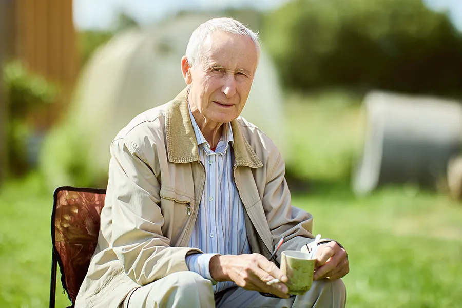 Muscle-Atrophy-Clinic A very thin older man sits outside. Get treatment for muscle atrophy from Healthy Aging Medical Centers of New Jersey in Northern New Jersey.